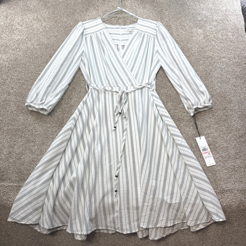 Calvin Klein Grey White Striped Surplice Midi Dress 10 NEW Seersucker Office